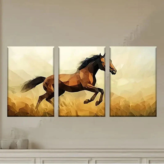 3pcs a horse running through a field of grass Wall Art Set Canvas Framed 50x70cm - High Quality Print 100% Australian Made Wall Canvas Ready to Hang