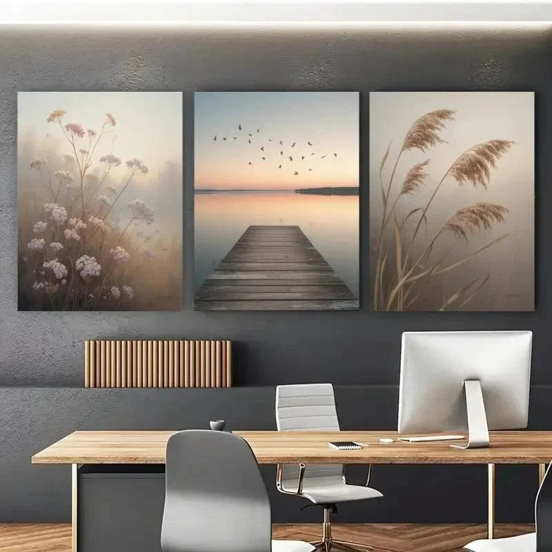 3pcs Dock Birds Wildflowers Reed Grass Metal Print Ready to Hang Art - Bella Home Decor