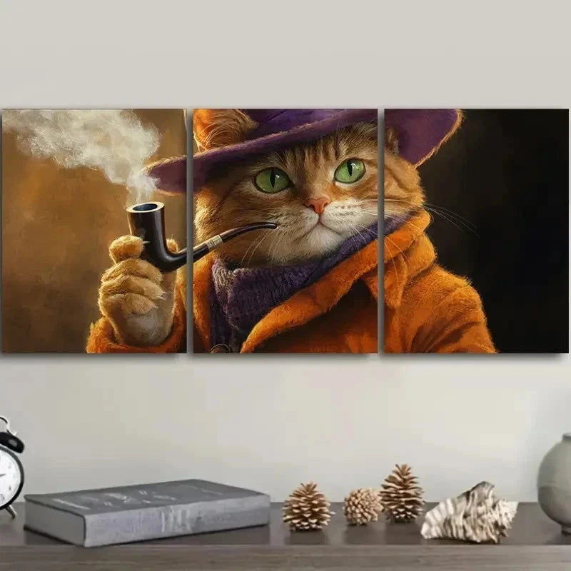 3pcs Featuring a Cat with a Pipe Wall Art Set Canvas Framed 50x70cm - High Quality Print 100% Australian Made Wall Canvas Ready to Hang