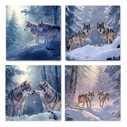 4pcs Snowy Forest Wolf Duos Wall Art Canvas Framed
