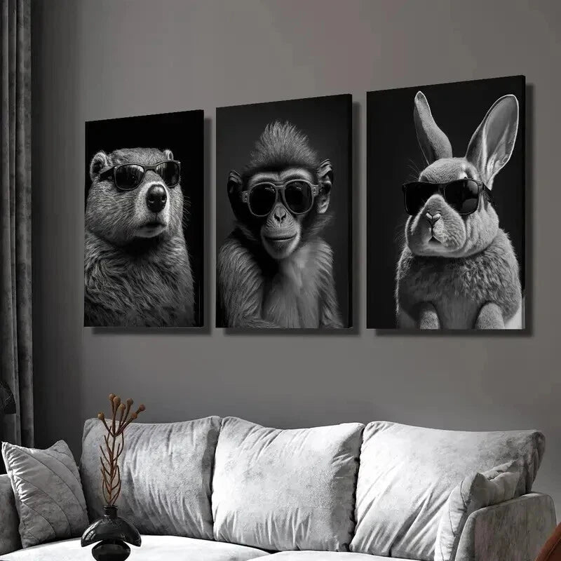 3pcs Beaver Monkey & Rabbit in Glasses Wall Art Set Canvas Framed 50x70cm - High Quality Print 100% Australian Made Wall Canvas Ready to Hang