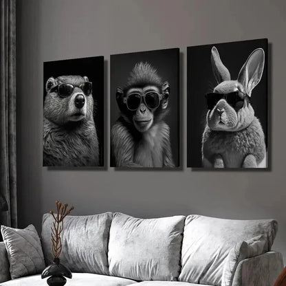 3pcs Beaver Monkey & Rabbit in Glasses Wall Art Set Canvas Framed 50x70cm - High Quality Print 100% Australian Made Wall Canvas Ready to Hang