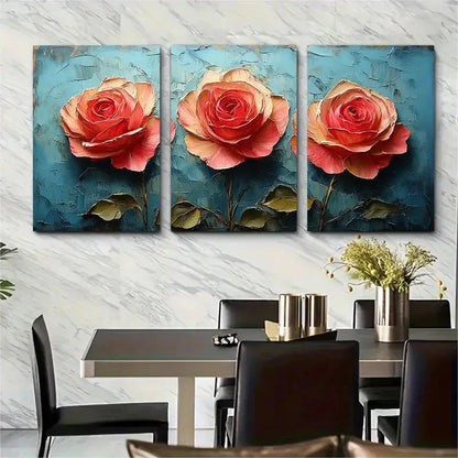 3pcs Rose Painting Flowers Impasto T  Wall Art Set Canvas Framed 40x60cm - High Quality Print 100% Australian Made Wall Canvas Ready to Hang
