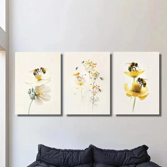3pcs Flowers And Bees, Watercolor Floral Insect Metal Print Ready to Hang Art