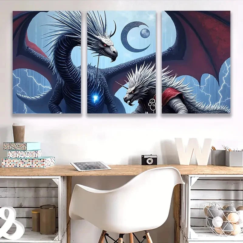 3pcs Clash Of The Two Mighty Dragons  Wall Art Set Canvas Framed 60x90cm - High Quality Print 100% Australian Made Wall Canvas Ready to Hang - Bella Home Decor