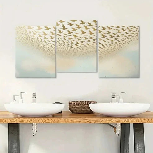 3pcs Golden & White Flock Versatile Animal Wall Art Canvas Unframed - High Quality Print 100% Australian Made Wall Canvas - Bella Home Decor