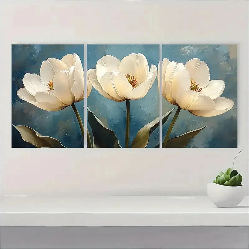 3pcs White Tulips Floral Watercolor Art Prints Metal Print Ready to Hang Art - Bella Home Decor