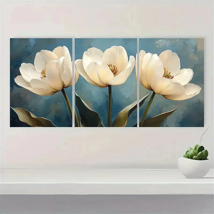 3pcs White Tulips Floral Watercolor Art Prints Metal Print Ready to Hang Art - Bella Home Decor