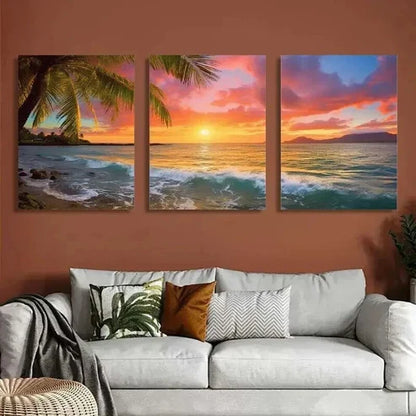 3pcs Sunset Ocean & Palm Trees Landscape Wall Art Canvas Unframed - High Quality Print 100% Australian Made Wall Canvas