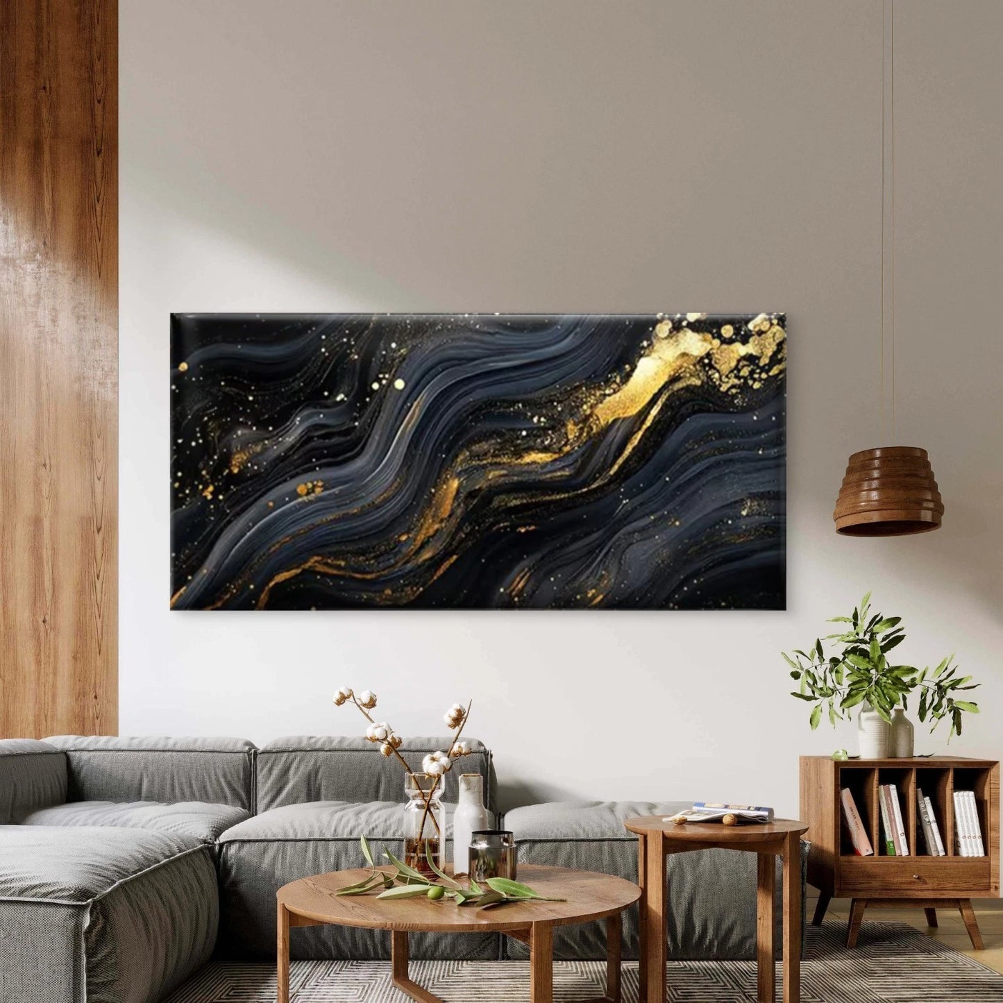 Black & Golden Marble Abstract Wall Art Canvas Office Home Room Framed 120x60cm - Bella Home Decor