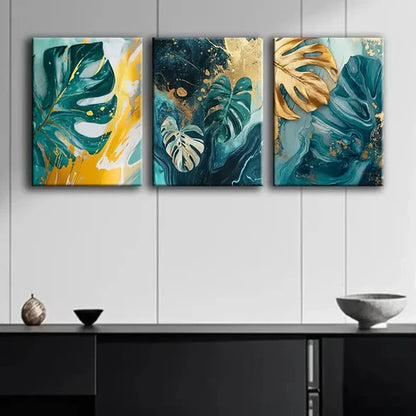 3pcs Colorful Teal and Golden Leaf Perfect Wall Art Set Canvas Unframed - High Quality Print 100% Australian Made Wall Canvas - Bella Home Decor