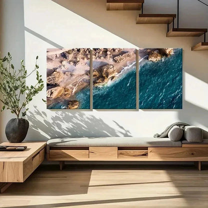 3pcs Sea Waves Coastline Rocks Decor Wall Art Set Canvas Framed 60x90cm - High Quality Print 100% Australian Made Wall Canvas Ready to Hang