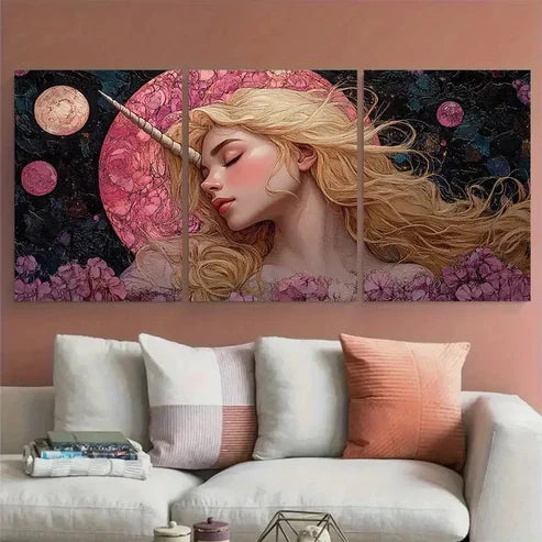 3pcs Pink Unicorn Princess Sleeping Beauty  Wall Art Set Canvas Unframed - High Quality Print 100% Australian Made Wall Canvas