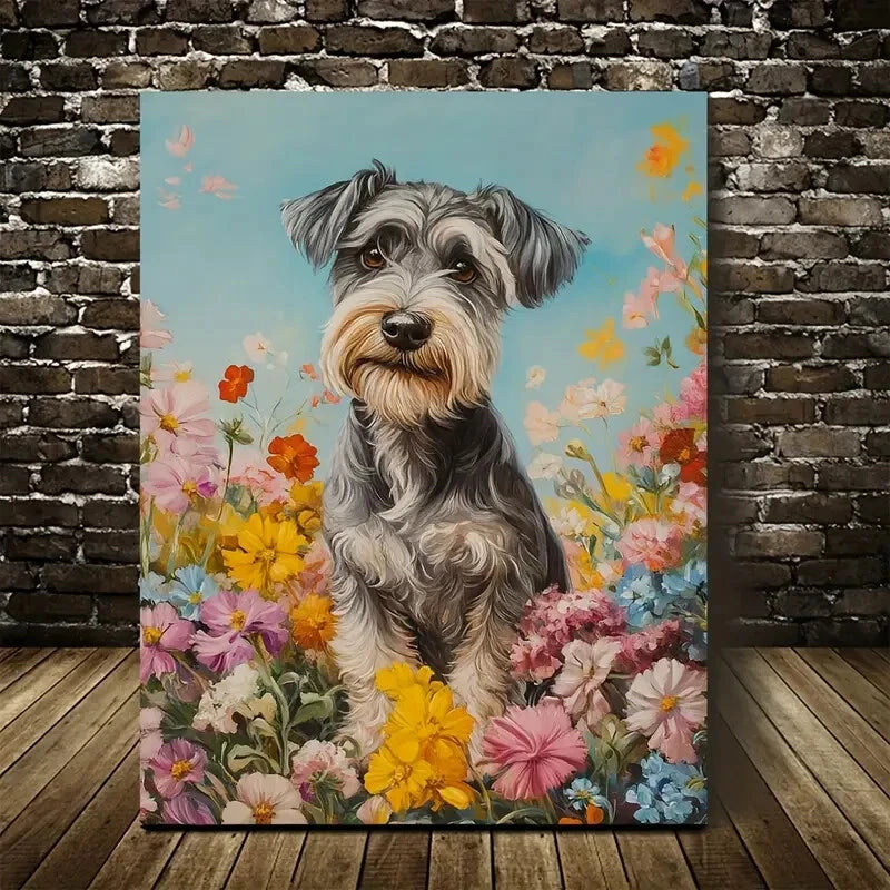 Cute Schnauzer Dog Among Flowers And Plants Painting 40x60cm Metal Print Ready to Hang