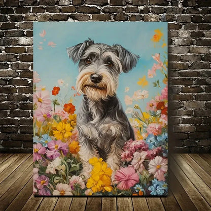 Cute Schnauzer Dog Among Flowers And Plants Painting 40x60cm Metal Print Ready to Hang