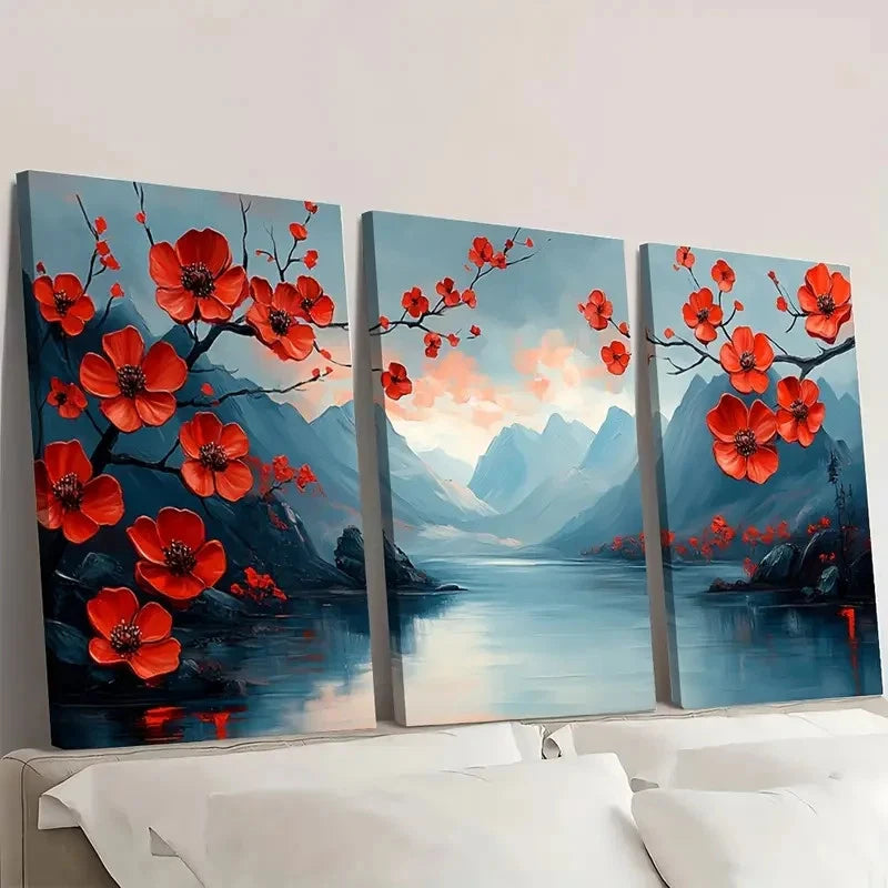 3pcs Abstract Red Flower   Mountain  KL Wall Art Set Canvas Framed 40x60cm - High Quality Print 100% Australian Made Wall Canvas Ready to Hang - Bella Home Decor