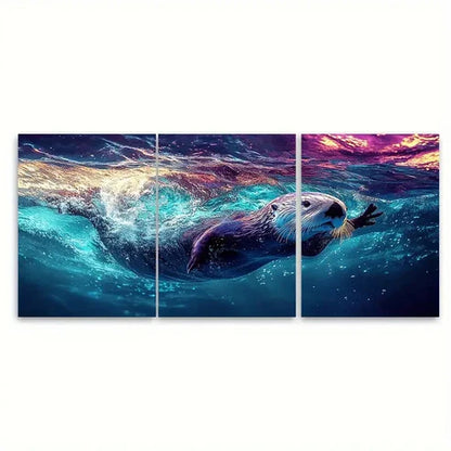 3pcs Cute Sea Otter Swimming in Blue Water Wall Art Canvas Unframed - High Quality Print 100% Australian Made Wall Canvas - Bella Home Decor