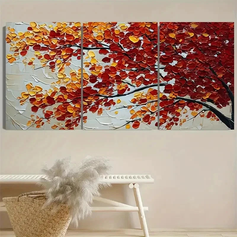 3pcs Impasto Style Tree Branch Leaves Wall Art Metal Print Ready to Hang Art
