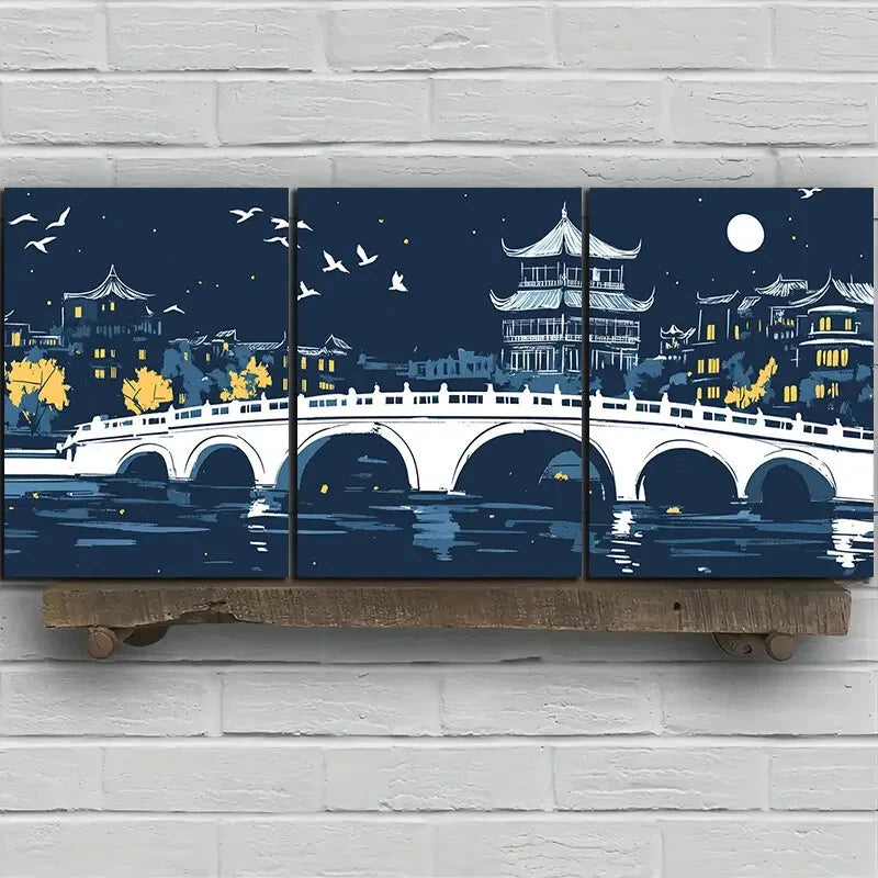 3pcs Beautiful Arch Bridge Moon Metal Print Ready to Hang Art - Bella Home Decor