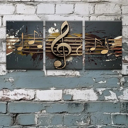 3pcs Abstract Musical Notes Golden Themed Metal Print Ready to Hang Art - Bella Home Decor