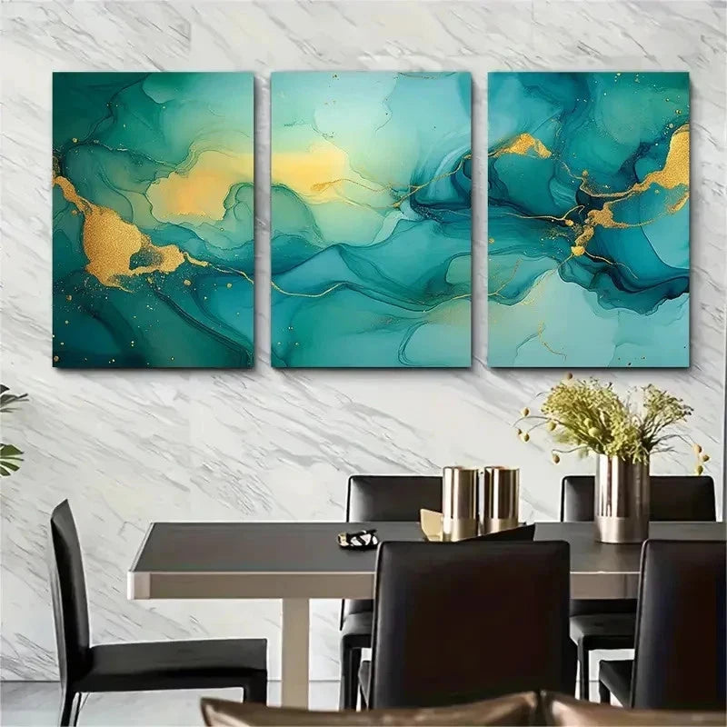 3pcs Vibrant Green Blue Yellow With Gold Perfect Wall Art Set Canvas Framed 50x70cm - High Quality Print 100% Australian Made Wall Canvas Ready to Hang