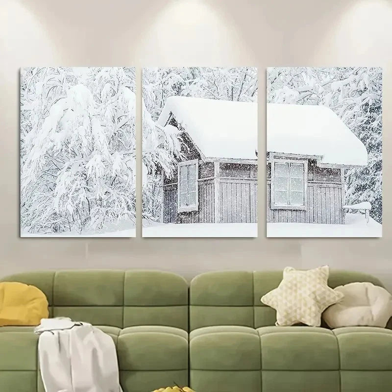 3pcs Snowy Forest Cabin with Snow-covered Roof Metal Print Ready to Hang Art
