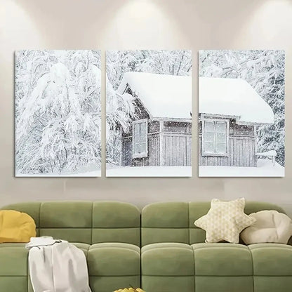 3pcs Snowy Forest Cabin with Snow-covered Roof Metal Print Ready to Hang Art