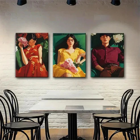 3pcs Young Couple with Flowers Vibrant Wall Art Canvas Unframed - High Quality Print 100% Australian Made Wall Canvas