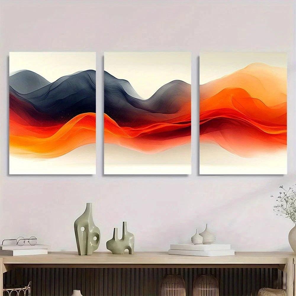 3pcs Modern Orange Abstract Lines Metal Print Ready to Hang Art