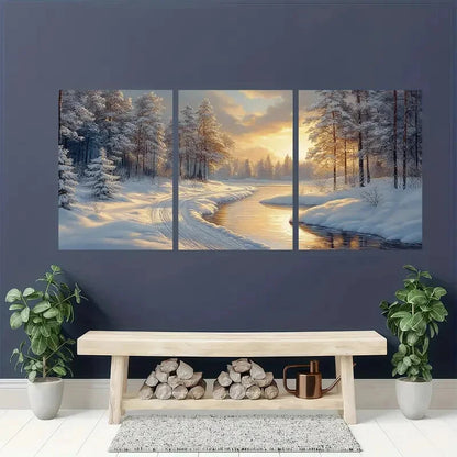 3pcs Winter Wonderland Snowy Forest & River Scene Metal Print Ready to Hang Art - Bella Home Decor