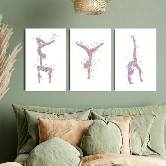 3pcs Pink, Blue, Purple Cartoon-Style Gymnastics Metal Print Ready to Hang Art