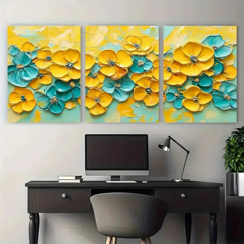 3pcs Vibrant Yellow Floral Abstract Textured Metal Print Ready to Hang Art - Bella Home Decor