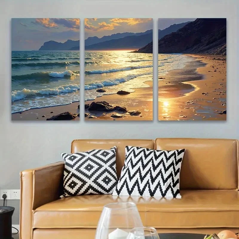3pcs Sunset Beach Triptych Wall Art Set Canvas Framed 50x70cm - High Quality Print 100% Australian Made Wall Canvas Ready to Hang