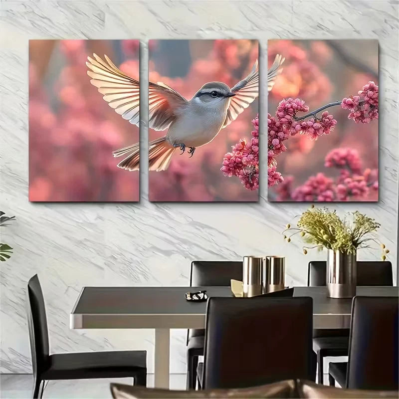 3pcs Bird Flying to Pink Branches Metal Print Ready to Hang Art - Bella Home Decor