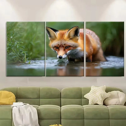3pcs Curious Wild Fox Drinking from River Metal Print Ready to Hang Art - Bella Home Decor