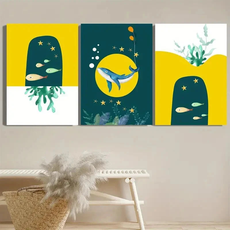 3pcs Blue Whale Yellow Themed Metal Print Ready to Hang Art - Bella Home Decor