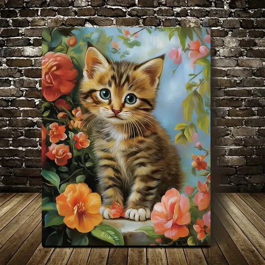 Cute Bengal Kitten with Vibrant Flowers 40x60cm Metal Print Ready to Hang - Bella Home Decor