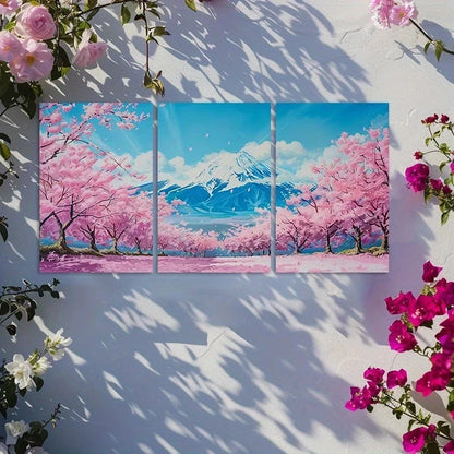 3pcs Cherry Blossom Japanese Mount Fuji Scenery Metal Print Ready to Hang Art