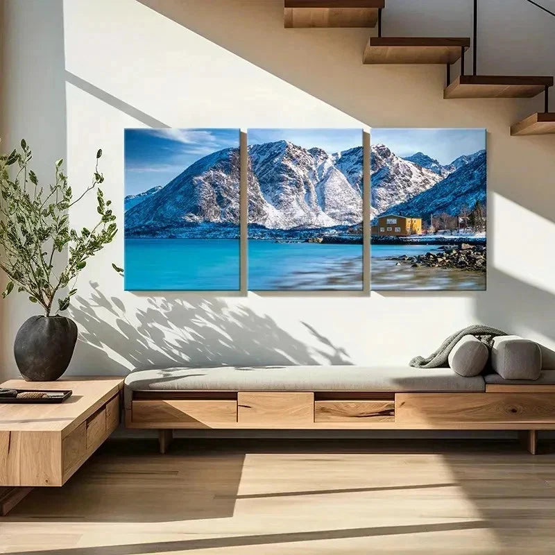 3pcs Snow Mountain Coast Hut Modern Wall Art Set Canvas Framed 60x90cm - High Quality Print 100% Australian Made Wall Canvas Ready to Hang - Bella Home Decor