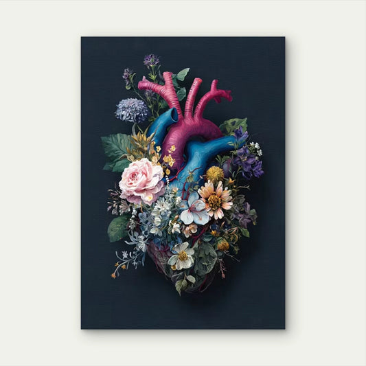 Vibrant Anatomical Heart with Dark Florals 60x90cm Metal Print Ready to Hang