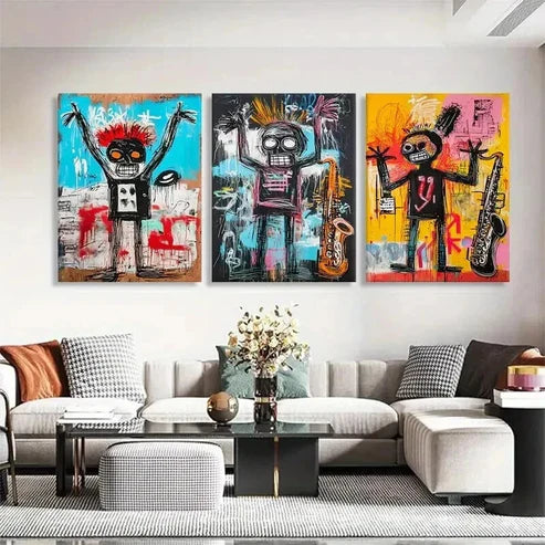 3pcs Colorful Skull Figures Saxophone Perfect Wall Art Set Canvas Unframed - High Quality Print 100% Australian Made Wall Canvas