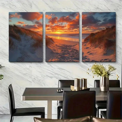 3pcs Crantock Beach Sunset Sand Dunes  Wall Art Set Canvas Framed 50x70cm - High Quality Print 100% Australian Made Wall Canvas Ready to Hang - Bella Home Decor
