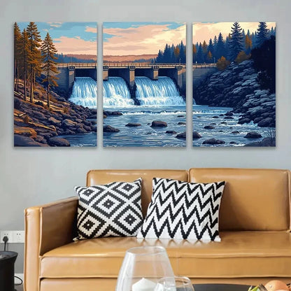 3pcs Waterfall Sunset And Autumn Forest Scene Wall Art Set Canvas Framed 60x90cm - High Quality Print 100% Australian Made Wall Canvas Ready to Hang
