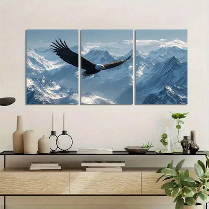 3pcs Eagle Soaring Over Snow-Capped Mountains Metal Print Ready to Hang Art - Bella Home Decor