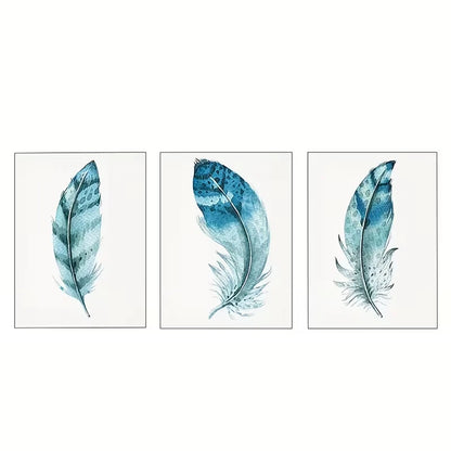 3pcs Blue Abstract Watercolor Feather  Wall Art Set Canvas Framed 40x60cm - High Quality Print 100% Australian Made Wall Canvas Ready to Hang - Bella Home Decor