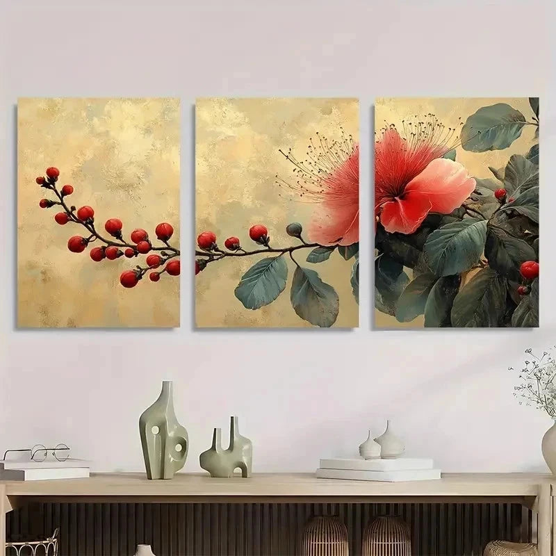 3pcs Calandra Beige Red Tropical Plant Perfect Wall Art Set Canvas Framed 60x90cm - High Quality Print 100% Australian Made Wall Canvas Ready to Hang - Bella Home Decor