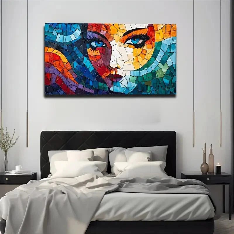 Vibrant Mosaic Portrait Blue Wall Art Canvas Office Home Room Framed 120x60cm