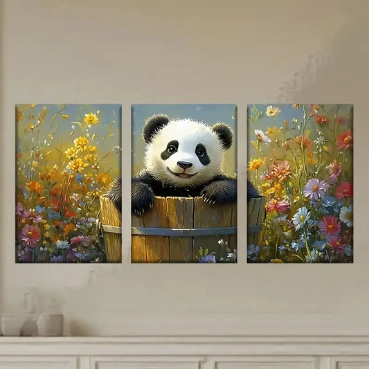 3pcs a Panda Bear Perched on a Wooden Barrel Wall Art Set Canvas Framed 50x70cm - High Quality Print 100% Australian Made Wall Canvas Ready to Hang