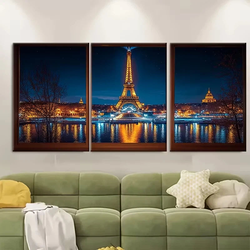 3pcs Eiffel Tower at Night Parisian Cityscape Metal Print Ready to Hang Art - Bella Home Decor