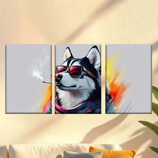 3pcs a husky dog Fashion Glasses and a cigarette Wall Art Set Canvas Framed 50x70cm - High Quality Print 100% Australian Made Wall Canvas Ready to Hang
